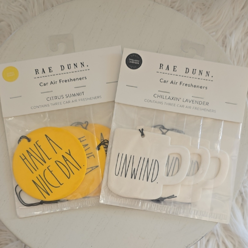 Rae Dunn Yellow Round "Have A Nice Day" & White Mug "Unwind" Air Fresheners